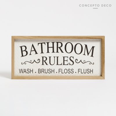 CUADRO MADERA ESTERILLA BATHROOM RULES 43X20X2CM